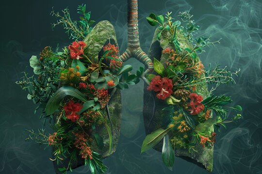 Illustration of human lungs filled with vibrant plant life AI Image