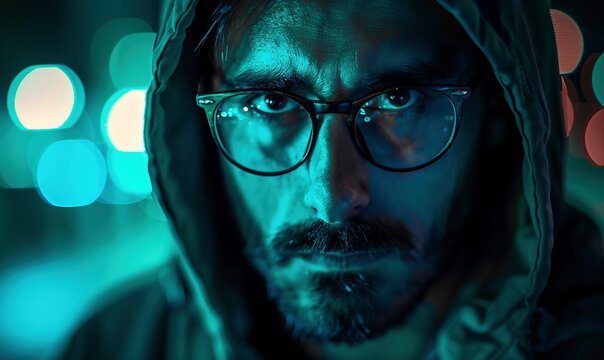 Computer hacker, face or neon man hacking online database software, website server or password phishing. Green ransomware developer, cyber security programming or night programmer coding malware code