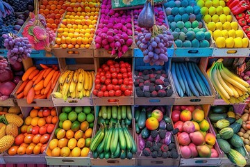 Vibrant display of assorted fruits and vegetables at a Parisian market in France - obrazy, fototapety, plakaty