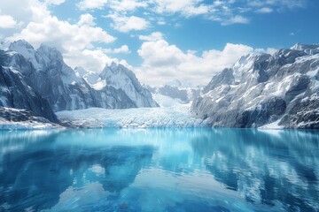 A photorealistic image of a glacier slowly calving into a crystal-clear lake, symbolizing the power and transformative nature of water.
