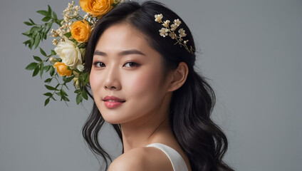 Portrait of a beautiful Asian girl, flowers