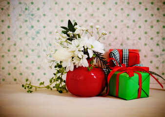 Bouquet of winter flowers with presents - obrazy, fototapety, plakaty