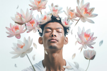 Beautiful young man with lotus flowers.