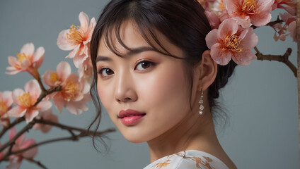 Fototapeta premium Portrait of a beautiful elegant Asian girl, flowers