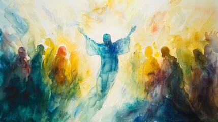 Ascension of Christ captured with upward strokes of light watercolors - obrazy, fototapety, plakaty