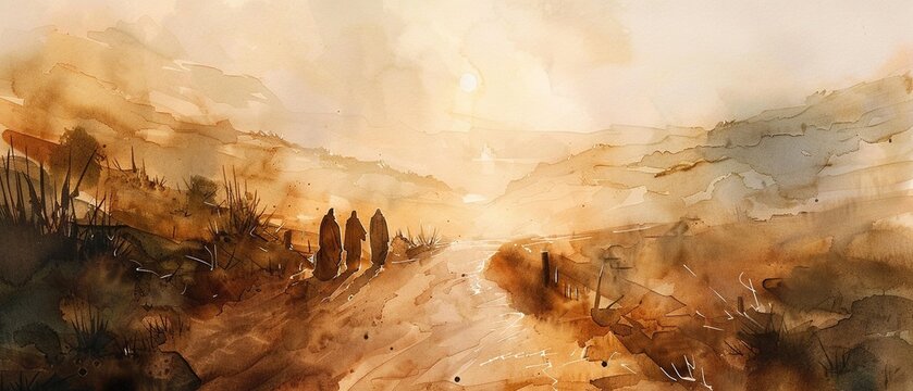 Artistic watercolor depiction of the path to Emmaus