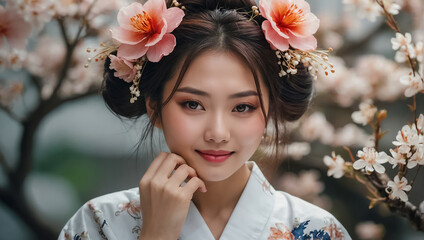 Portrait of a beautiful Asian girl, flowers elegance