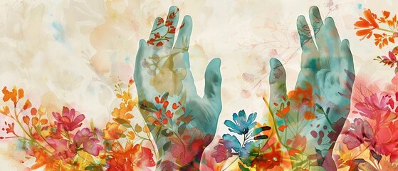 Praying hands overlaid with watercolor floral patterns