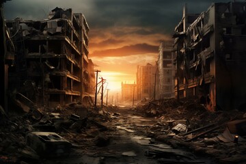Ravaged Destroyed city buildings. Street war invasion. Generate AI - obrazy, fototapety, plakaty