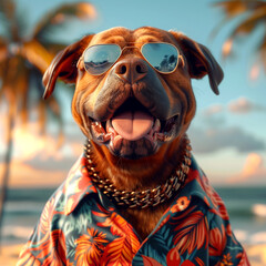 Portrait of happy dog wear summer shirt on beach background - obrazy, fototapety, plakaty