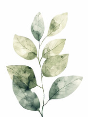 Ai Generated Art Watercolor Abstract Leaves Branch against White Background in Pastel Sage Green Colors