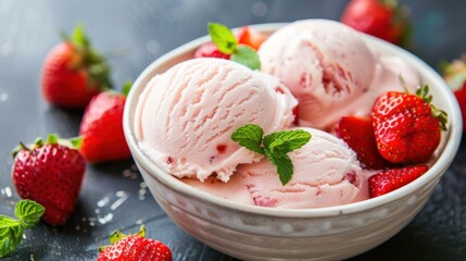 Ice cream with strawberries fruits and mint leaves on white bowl for summer dessert. AI generated