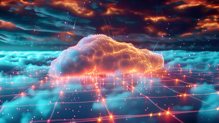 Glowing cloud in a networked grid representing the power and reach of cloud storage solutions