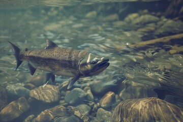 A photorealistic image of a salmon swimming in a clean stream, genetically modified to resist pollution and disease. 