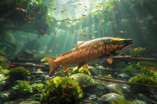 A photorealistic image of a salmon swimming in a clean stream, genetically modified to resist pollution and disease. 