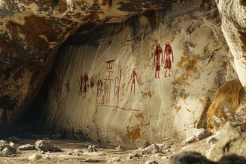A photorealistic image of ancient cave paintings on a rough rock wall, offering a glimpse into the past and the artistic expressions of early humans.