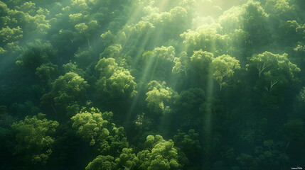 Aerial View of Lush Forest Bathed in Sunlight, Perfect for Eco-Tourism and Nature Backgrounds - obrazy, fototapety, plakaty