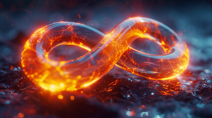 This image features an infinity symbol ablaze with a fiery glow, set against a dark, textured background, symbolizing infinite energy and perpetual motion - obrazy, fototapety, plakaty