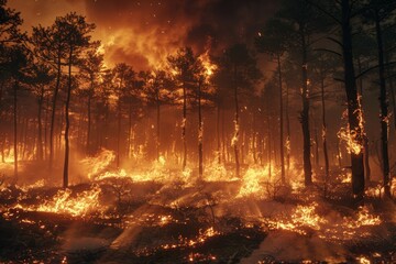 A powerful wildfire raging through a forest, flames leaping towards the sky and casting an ominous orange glow on the smoke-filled landscape.