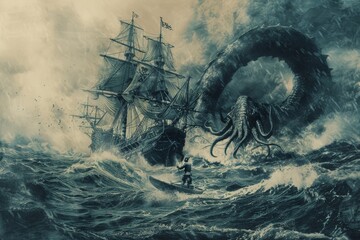A vintage engraving of a pirate ship battling a monstrous kraken in a stormy sea. - obrazy, fototapety, plakaty