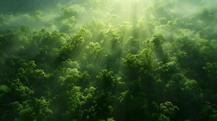 Obraz premium Aerial View of Lush Forest Bathed in Sunlight, Perfect for Eco-Tourism and Nature Backgrounds