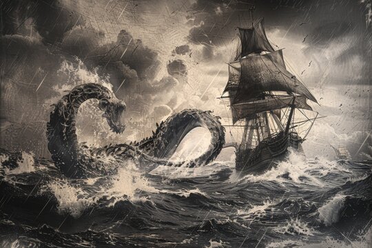 A vintage engraving of a pirate ship battling a monstrous kraken in a stormy sea.