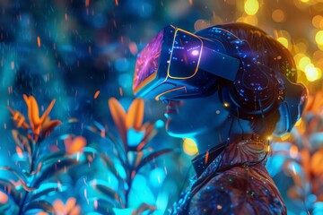 A photorealistic image of a person wearing a VR headset, their avatar exploring a vibrant and fantastical world within the metaverse.