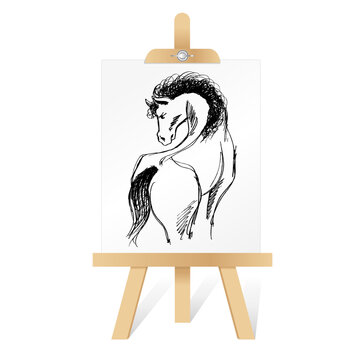 Croquis d’un cheval fougueux, rapidement dessiné au crayon noir sur une toile posée sur un chevalet.