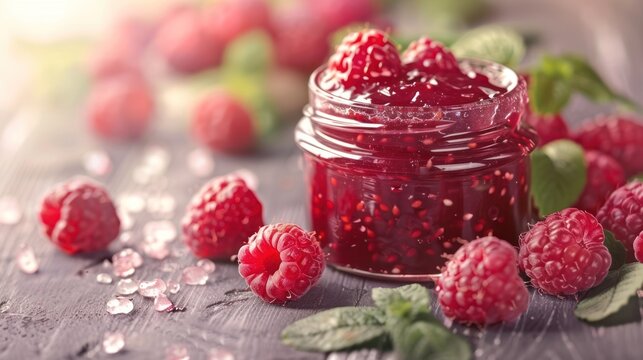 Macro view of red ripe raspberry jam fruit food texture background. AI generated image