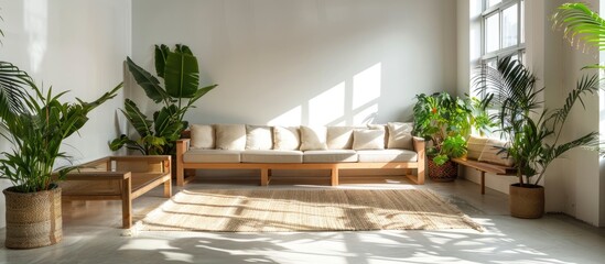 Real photo of a wooden sofa with armchair placed on a rug beside a bench, surrounded by plants in a white loft interior.