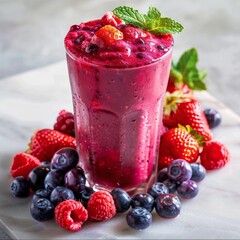 Closeup of a sparkling, icecold berry smoothie in a tall, clear glass, surrounded by an assortment...