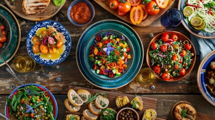 A rustic wooden table set with a spread of vegetarian tapas, each dish a testament to the rich...