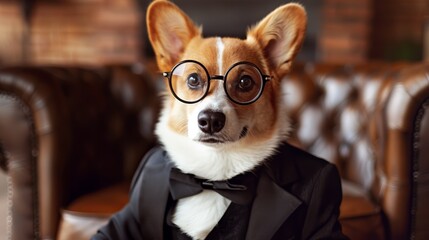 A debonair dog dressed in a tuxedo suit and round glasses