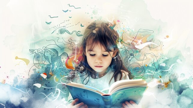 A child lost in imagination, book in hand