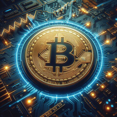 Bitcoin coin displayed with neon lights against circuit board It is reminiscent of high-tech and cutting-edge technology.