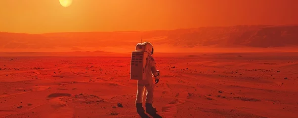 Gordijnen A lone astronaut on Mars, documenting the red landscape © Xyeppup