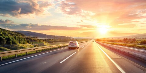 A scenic highway with a family car driving towards a sunset or sunrise. 