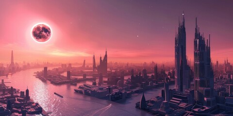 A digital artwork of a futuristic cityscape with a partial solar eclipse in the background. 
