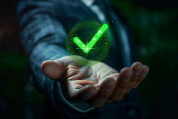 a green check mark is held in a hand of business man