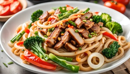 Udon stir fry noodles with pork meat and vegetables in a white plate
 - obrazy, fototapety, plakaty