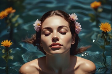Illustration of a woman with bare shoulders and closed eyes while swimming in water near flowers during the day. Generative AI