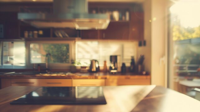 Modern kitchen interior design with retro warm style blurred background. AI generated image