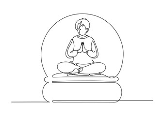 glass globe with praying man in lotus pose. Continuous line. Calm, balance, religion, faith, meditation concept.