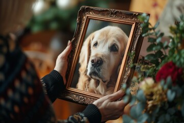 Woman holding frame with picture of dog. Pet funeral - obrazy, fototapety, plakaty