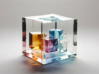 A cube with a separate shape of glass material with a variety of transparent colors, a cube piece floating in the air, a white background Ai generative 
