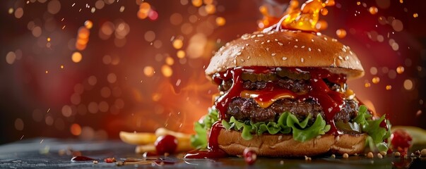 An epicurean burger moment with sauce dramatically splashing over - obrazy, fototapety, plakaty