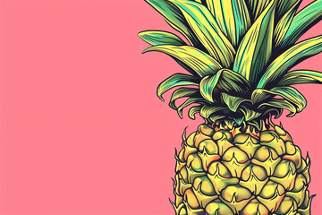 Pop art pineapple background in trendy colors with copy space. Illustration cartoon for banner or Summer holiday card. Healthy food lifestyle concept - obrazy, fototapety, plakaty