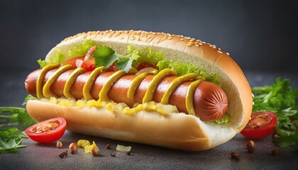 hot dog with mustard - obrazy, fototapety, plakaty