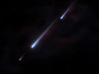 Bolides against the background of the night sky. A Fireballs in the upper atmosphere. Shooting stars, meteor trails.