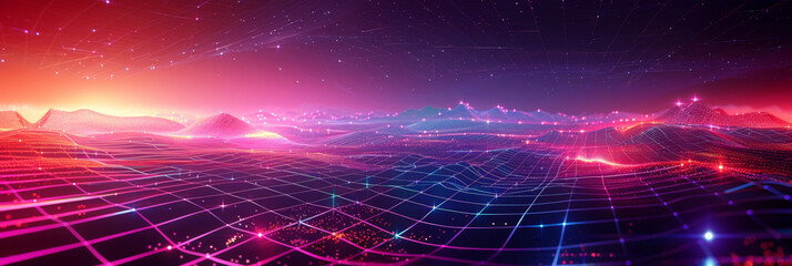 A retro synthwave background with neon grid lines and purple, blue and pink light rays.  '80s aesthetic with glowing geometric patterns and grid structures. Retro Sci-Fi Background Futuristic Grid  - obrazy, fototapety, plakaty